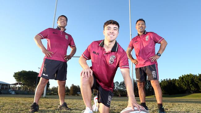 Three generations of the Turei family will play a second grade rugby match for Nerang Bulls, as they fight to defend an undefeated regular season. (L-R) are Cameron Turei 40, Kyle Turei 20 and Cameron Turei 60. 29 July 2021 Nerang Picture by Richard Gosling