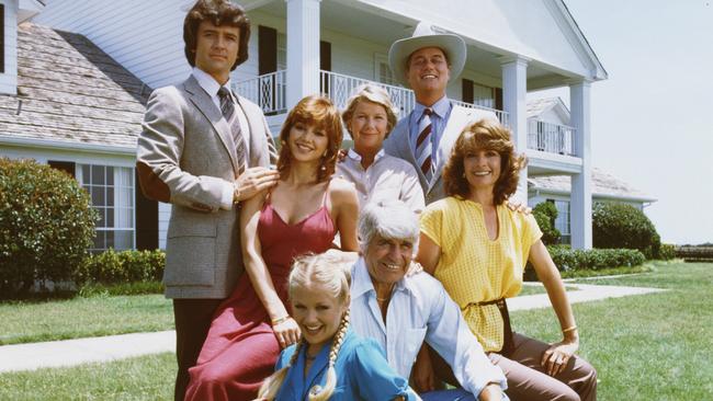 'Dallas' shows members of the Ewing family as they pose in front of their television home, the Southfork Ranch, Dallas, Texas, 1979.