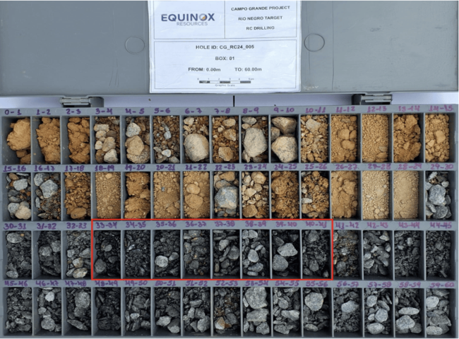 Rock chip tray from Hole CG_RC24_005 at the Rio Negro target, showing samples from 0m to 60m depth. Pic: EQN