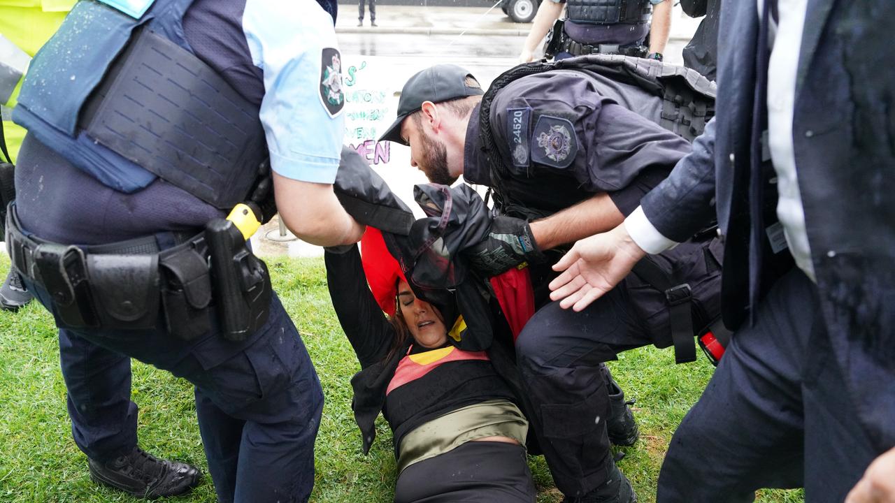 Lidia Thorpe was dragged to the ground by police on Thursday. Picture: AAP Image/Michelle Haywood