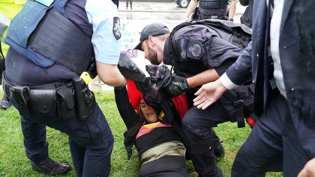 Lidia Thorpe was dragged to the ground by police on Thursday. Picture: AAP Image/Michelle Haywood