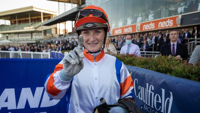 Jamie Kah won her 100th metropolitan race in a season at Caulfield. Picture: Tony Gough