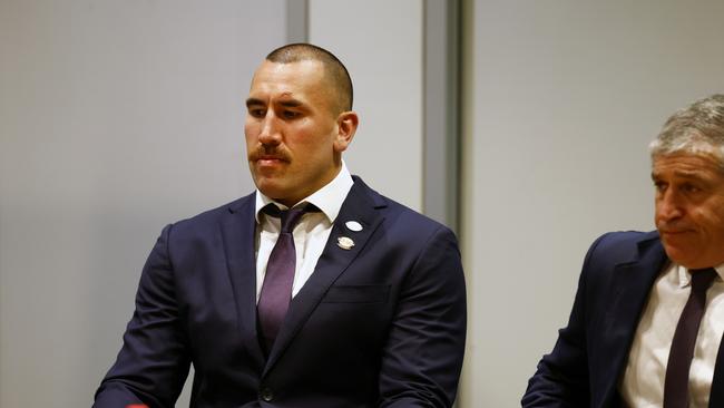 DAILY TELEGRAPH SEPTEMBER 30, 2024. Nelson Asofa-Solomona at the NRL judiciary for his hearing to seek a downgrade after knocking out the Roosters' Lindsay Collins with a high tackle.  Picture: Jonathan Ng