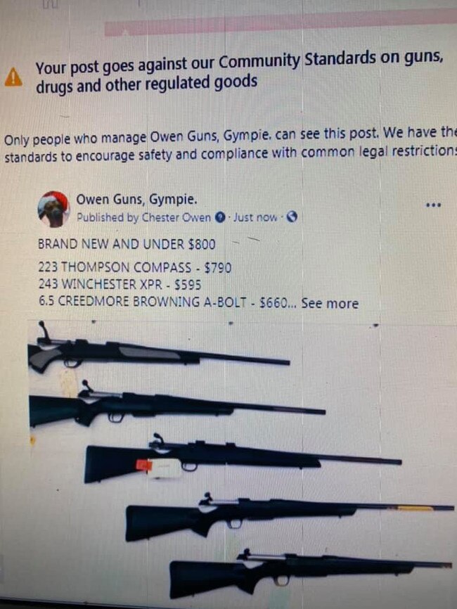 The message Megan Owen received from Facebook after trying to upload the post advertising the guns sold at her family’s business. Picture: Megan Owen