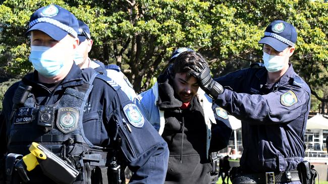 Officers lead a demonstrator away.