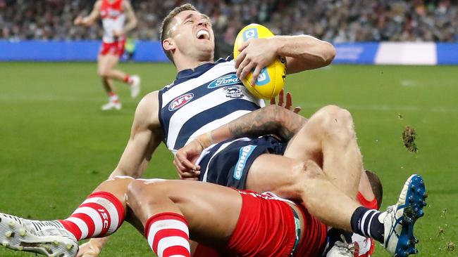 Joel Selwood injured his ankle against Sydney. Picture: Getty Images