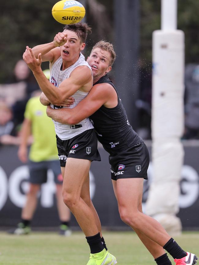 Houston tackles young gun Connor Rozee in Port Adelaide’s intraclub trial. Picture: Matt Turner (AFL Photos via Getty Images)