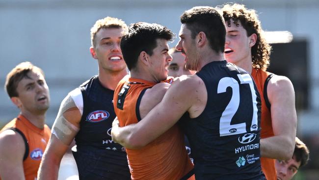 Matthew Kennedy and Marc Pittonet lock horns during match simulation. Picture: Quinn Rooney/Getty Images