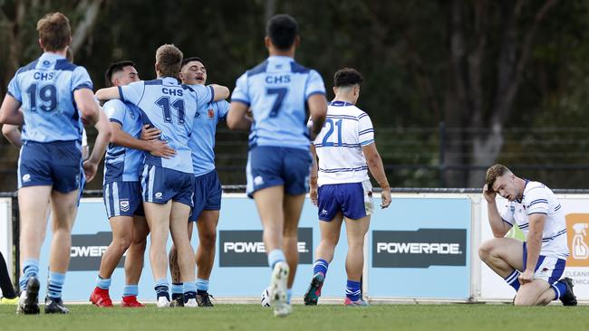 CHS celebrate a try during the NSW U18 Combined High Schools v Combined Catholic Colleges, State Rugby League Tri-Series held at St Mary's Leagues Stadium. Picture: Jonathan Ng