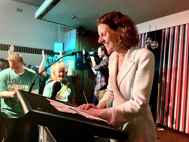 Allegra Spender speaking at her post-election party. Picture: Clare Sibthorpe