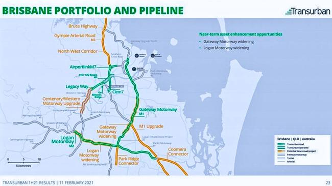 A map taken from the Transurban half-yearly report in 2021 showing the corporate giant’s portfolio and ‘potential future road projects’ in orange, including the Coomera Connector.