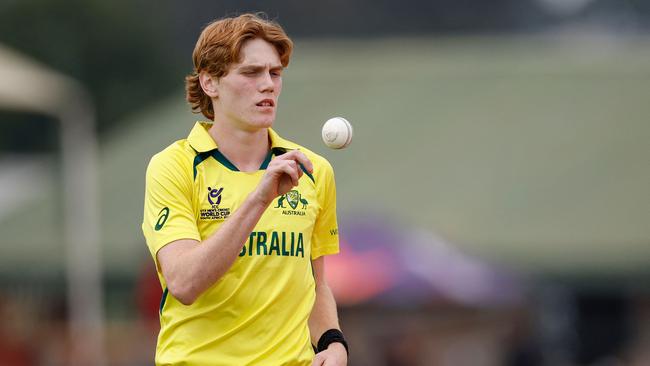 Australia's Callum Vidler prepares to deliver a ball during the under-19 World Cup youth one-day international. (Photo by PHILL MAGAKOE / AFP)