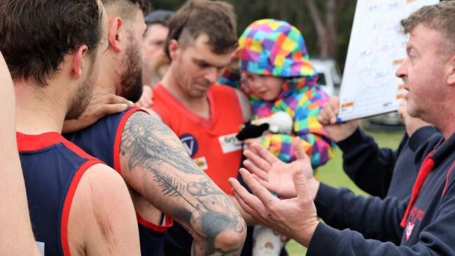 Swifts Creek coach David Westland addresses his players during the preliminary final against Swan Reach. Picture: Supplied