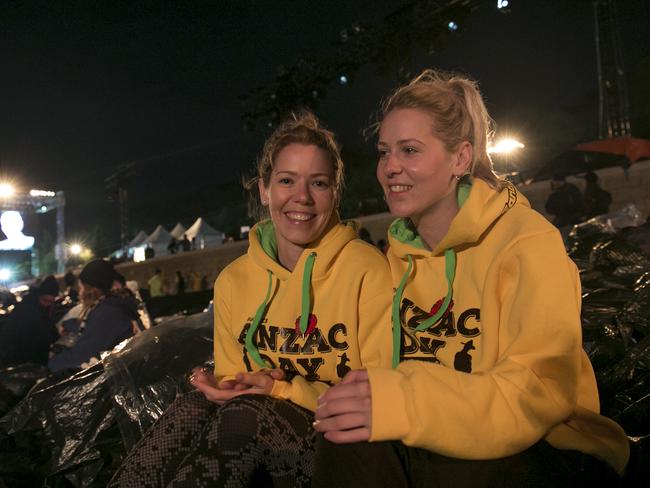 The Anzac dawn service on the Gallipoli peninsula, Turkey. Lisa Campbell, 30, from Melbourne, with Megan Campbell, 27, of Melbourne. Picture: Ella Pellegrini