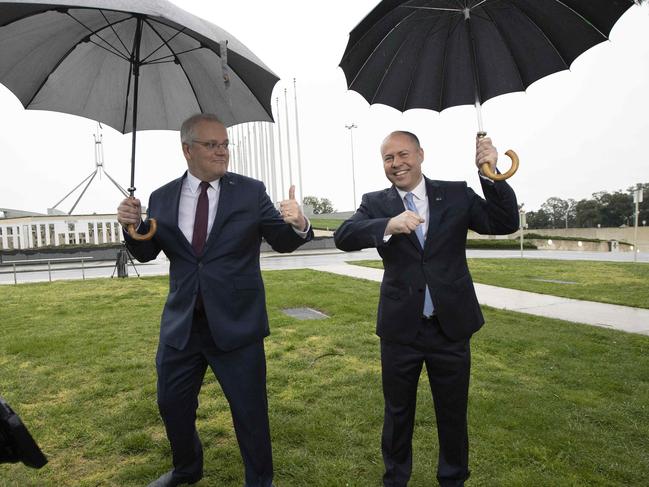 Josh Frydenberg and Scott Morrison outside Parliament House in Canberra. Picture: NCA NewsWire / Gary Ramage.