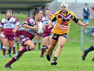 Bundaberg's Jazzman Melling tries to run into space against the Sunshine Coast in the 47th Battalion on Saturday. Picture: Patrick Woods