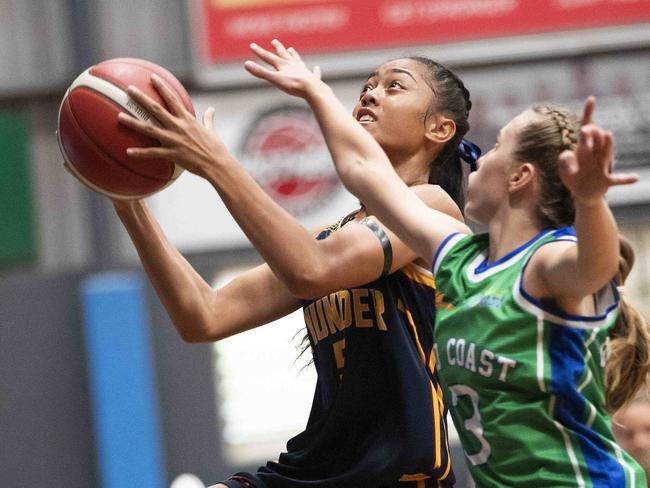 u16 girls basketball state championships, Auchenflower QLD. Div 1 semi Final Gold Coast Waves vs Logan Thunder. Thunder #5 Vahayliah Seumanutafa. April 8, 2021 - Picture: Renae Droop