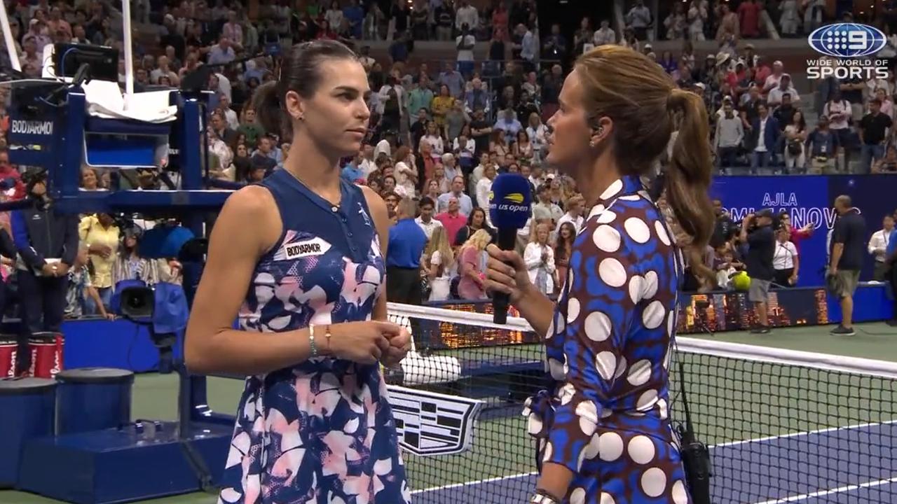 Ajla Tomljanovic speaking on Arthur Ashe Stadium. Photo: Channel 9.