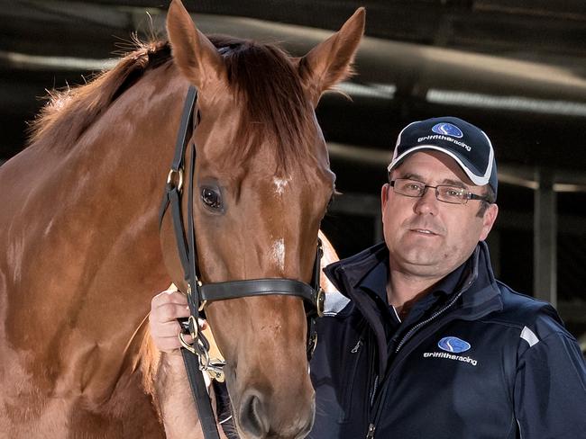 The Quarterback and Robbie Griffiths at his stables on the Cranbourne Training Track .The Quarterback is one of the leading contenders in the Darley Stakes on Saturday. Pictured on Friday 4th November, 2016. Picture: Mark Dadswell