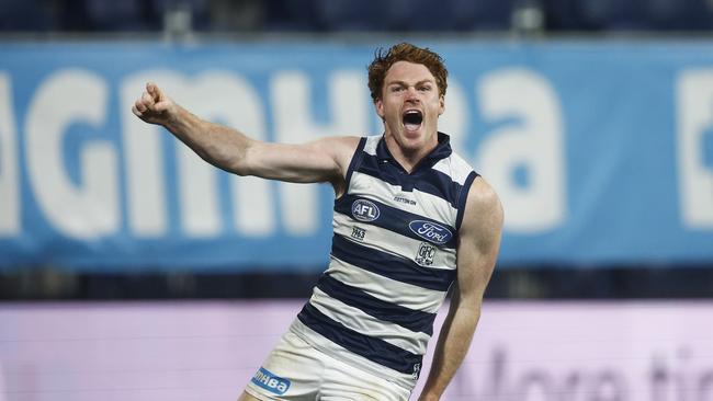 GEELONG, AUSTRALIA - JUNE 22: Gary Rohan of the Cats celebrates kicking a goal during the round 15 AFL match between Geelong Cats and Melbourne Demons at GMHBA Stadium, on June 22, 2023, in Geelong, Australia. (Photo by Daniel Pockett/Getty Images)