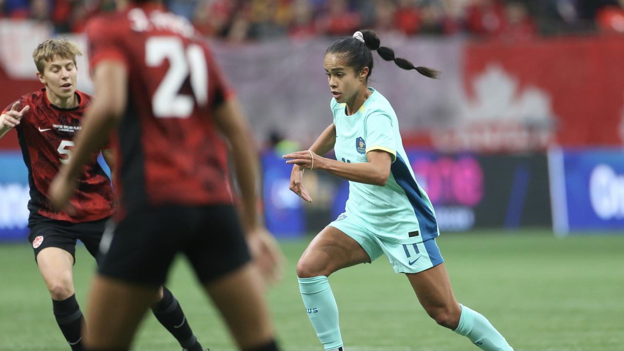 Mary Fowler in action for the Matildas against Canada on December 5, 2023. (Photo by Craig Mitchelldyer/Getty Images for Football Australia)