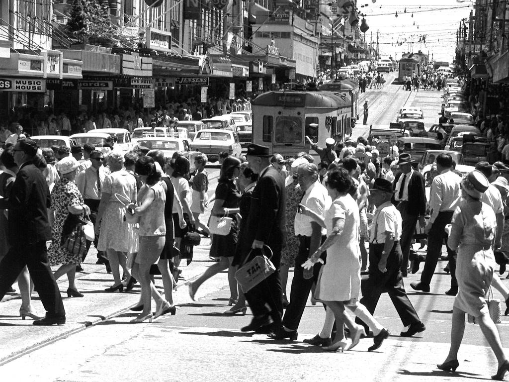 Trams on Queen St in the 1960s. Picture: National Archives of Australia