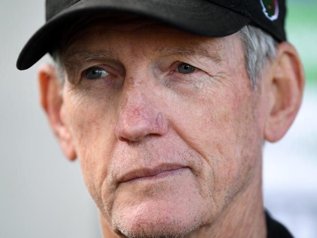 South Sydney Rabbitohs coach Wayne Bennett speaks to the media during a training session at Redfern Oval in Sydney, Thursday, September 19, 2019. The Rabbitohs are set to play the Manly Sea Eagles in an NRL Finals match at ANZ Stadium on Friday. (AAP Image/Joel Carrett) NO ARCHIVING