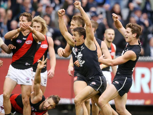 AFL Round 8. 12/05/2018.  Carlton v Essendon at the MCG.  Carlton's Ed Curnow celebrates his goal in the fourth quarter   . Pic: Michael Klein