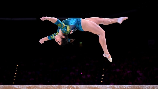 Aussie Georgia Goodwin won gold in the women all-round rhythmic gymnastics. Picture: Laurence Griffiths/Getty Images