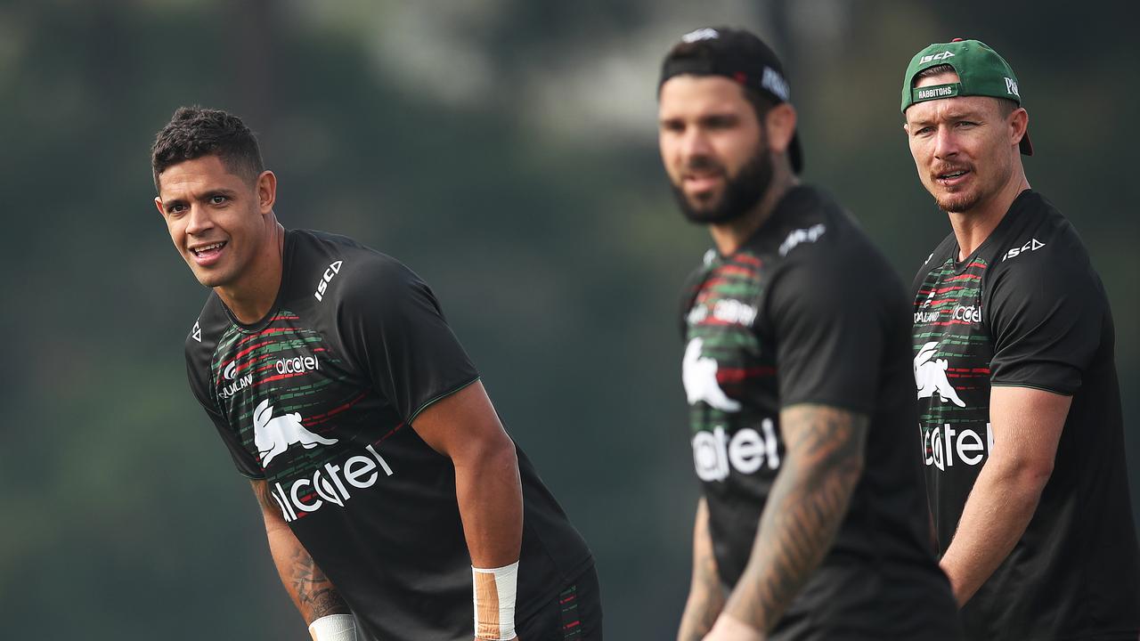 Dane Gagai, Adam Reynolds and Damien Cook during South Sydney training session ahead of their big match against the Broncos this week. Bennett up against his former club and the players up against their former coach. Picture. Phil Hillyard