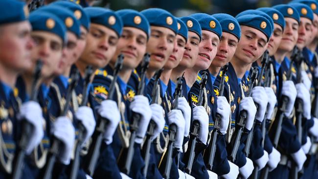 Russian servicemen march on Red Square during the Victory Day military parade in central Moscow on Monday. Picture: AFP