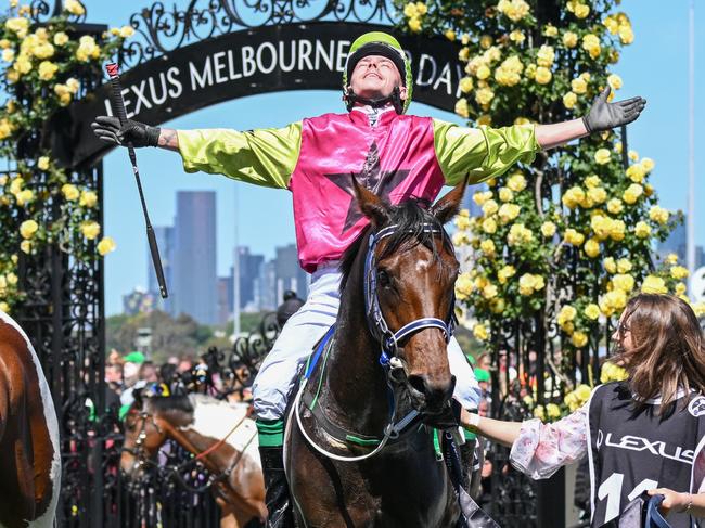 Knight's Choice ridden by Robbie Dolan returns to the mounting yard after winning the Lexus Melbourne Cup at Flemington Racecourse on November 05, 2024 in Flemington, Australia. (Photo by Reg Ryan/Racing Photos via Getty Images)