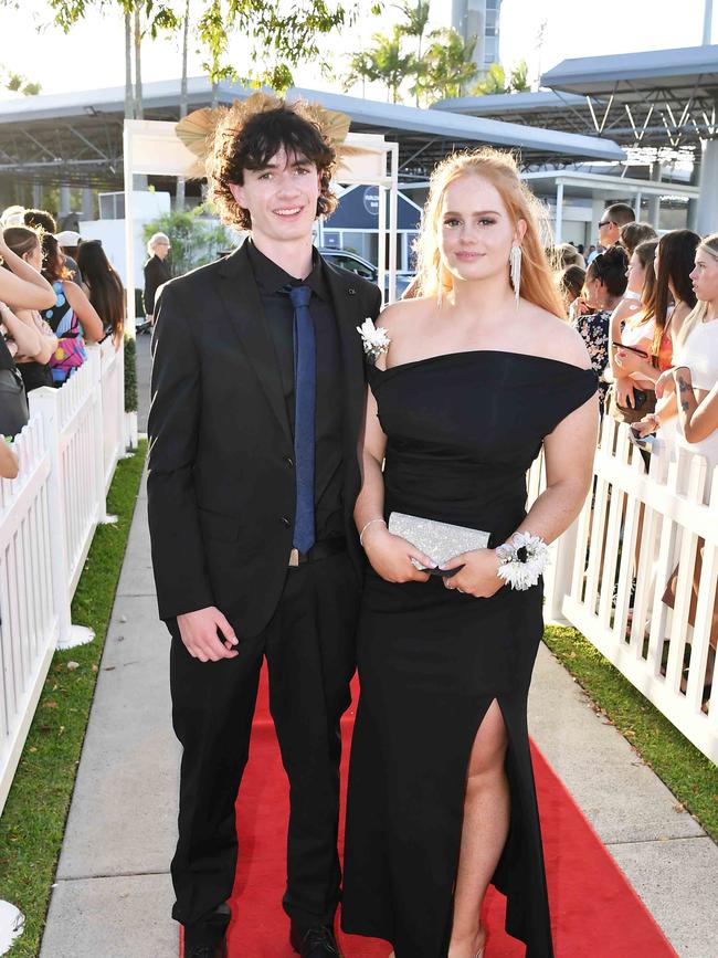 Finn Allman and Milla Oliver at the 2023 Caloundra State High School Year 12 formal. Picture: Patrick Woods.