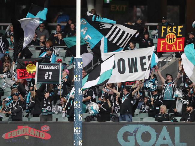 AFL - Saturday, 12th September, 2020 - Port Adelaide v Essendon at the Adelaide Oval. Port Fans in the cheer squad Picture: Sarah Reed