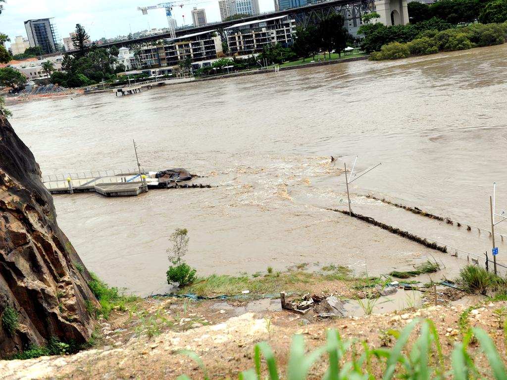 Flood damage to the Riverwalk at New Farm in 2011