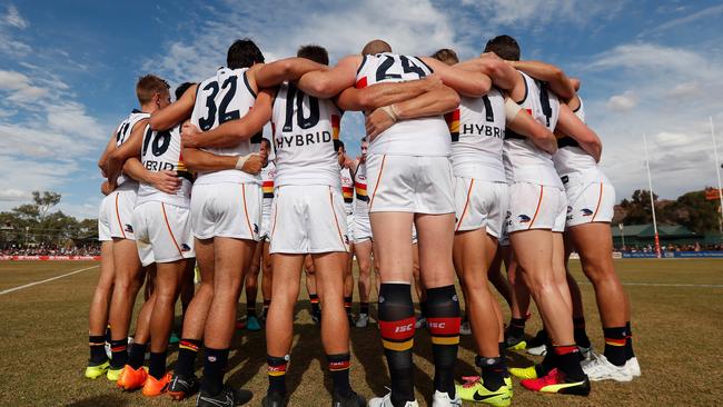 The Crows huddle during their capitulation at Alice Springs. Picture: Michael Willson/AFL Media/Getty Images                        <a capiid="a737b6d68db30a30ea4a25f8f1155163" class="capi-video">Lever laughs last in huge win over Crows</a>