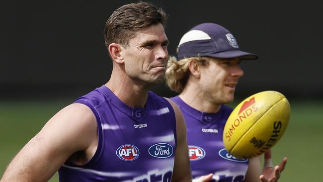 NCA. MELBOURNE, AUSTRALIA. September 16 , 2024. Geelong training at GMNBA Stadium, Geelong.  Tom Hawkins and Cameron Guthrie of the Cats during todays session   . Pic: Michael Klein