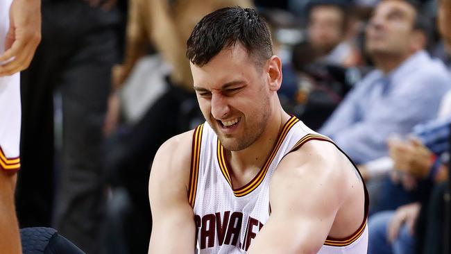 Andrew Bogut of the Cleveland Cavaliers reacts after his latest shocking injury.