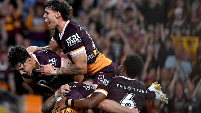 The Broncos celebrate a try during their preliminary final win. Picture: Bradley Kanaris/Getty Images