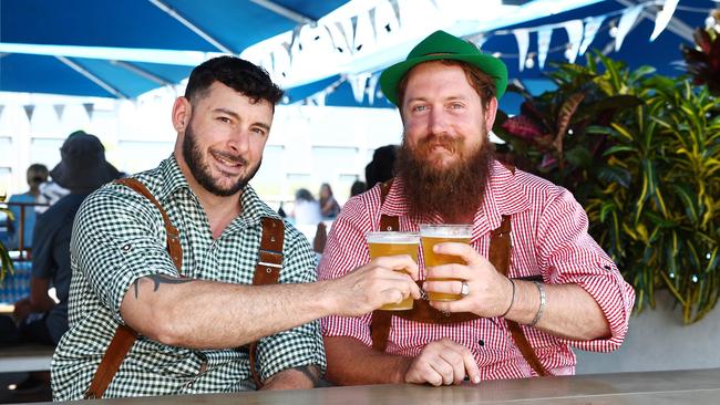 Jason Lago and Thomas Betridge celebrate Oktoberfest at Hemmingway's Brewery. Picture: Brendan Radke