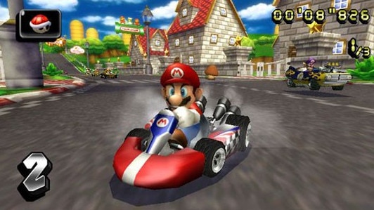  A scene from Mario Kart Wii, a Nintendo Wii game. 