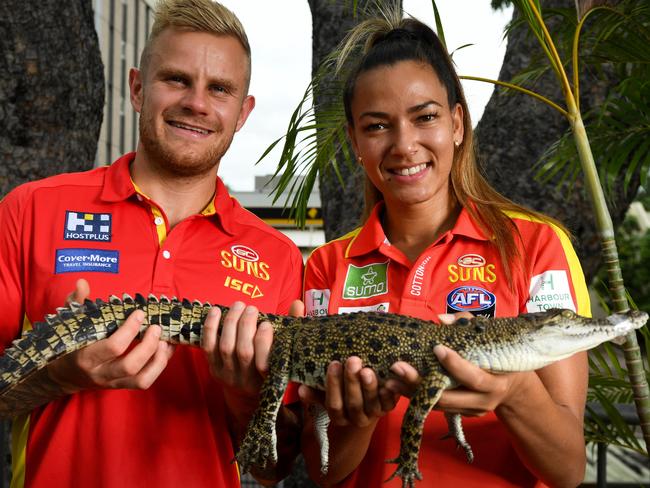 Gold Coast suns players Brandon Ellis and Taylor Thorn are in the Northern Territory to promote their team and the AFL in the NT.Picture: Che Chorley