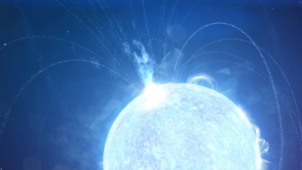 This image from video animation provided by NASA in November 2020 depicts a powerful X-ray burst erupting from a magnetar – a supermagnetized version of a stellar remnant known as a neutron star. A radio burst detected April 28, 2020, occurred during a flare-up like this on a magnetar called SGR 1935. The radio signal was more powerful than any previously seen in our galaxy. The simultaneous X-ray and radio events implicate magnetars as a likely source of mysterious fast radio bursts observed from other galaxies. (Chris Smith (USRA)/NASA/Goddard Space Flight Center via AP)