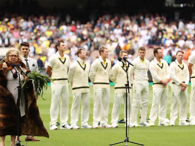 MELBOURNE, AUSTRALIA - DECEMBER 26: Aunty Joy Murphy Wandin, senior Wurundjeri elder of the Kulin Nation is seen making the Welcome to Country acknowledgement during day one of the Third Test match in the Ashes series between Australia and England at Melbourne Cricket Ground on December 26, 2021 in Melbourne, Australia. (Photo by Robert Cianflone/Getty Images)