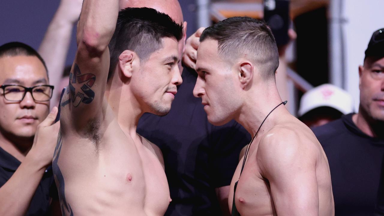 Brandon Moreno and Kai Kara-France during the UFC 277 ceremonial weigh-in. Picture: Carmen Mandato/Getty Images