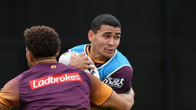 Former rugby league player Izaia Perese training with the Brisbane Broncos in 2019.