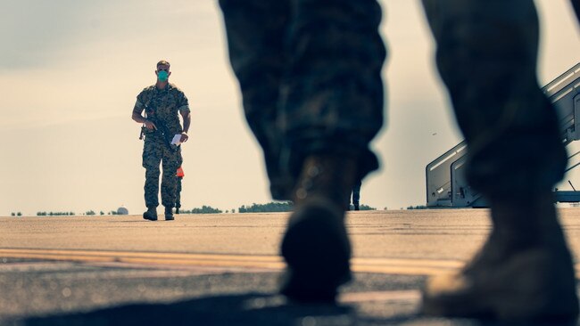 US Marines with Marine Rotational Force – Darwin arrive at Royal Australian Air Force Base Darwin on July 8. Picture: Gunnery Sergeant Scott M. Schmidt