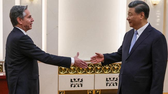 US Secretary of State Antony Blinken, left, shakes hands with China's President Xi Jinping in the Great Hall of the People in Beijing. Picture: AFP