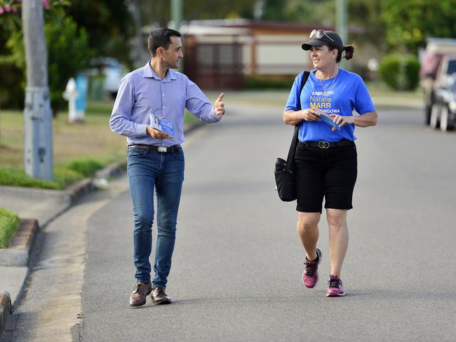 David Crisafulli and Natalie Marr door knock for the LNP election campaign in 2020. Picture: Craig Warhurst.