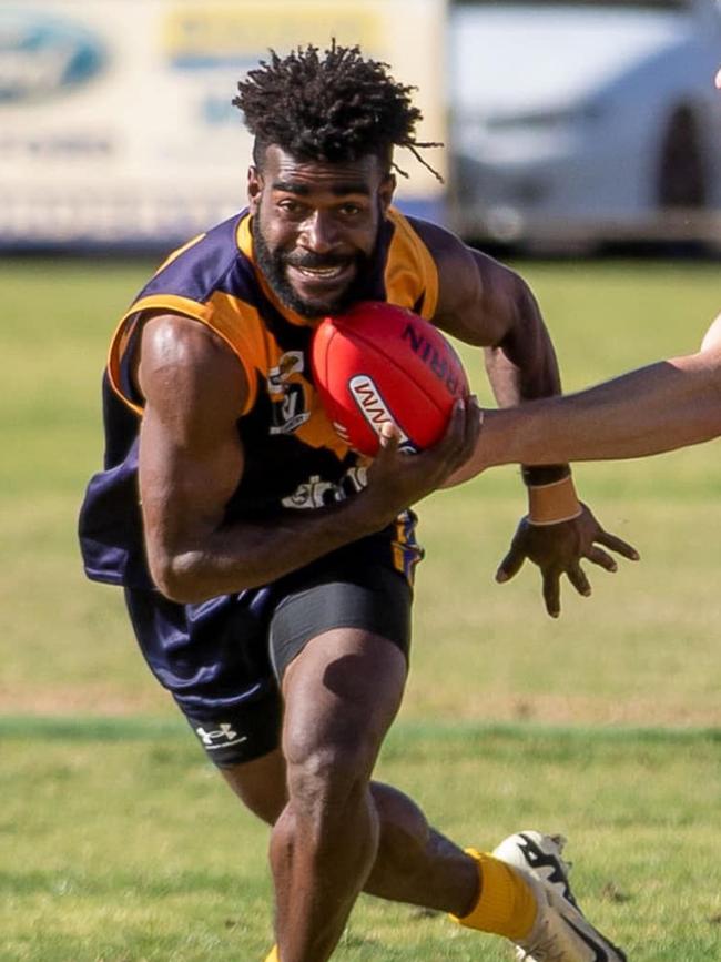 Glen Saniong, who joined Nhill &amp; District Sporting Club for two seasons, playing football. Picture: Supplied by Hetahou Photography